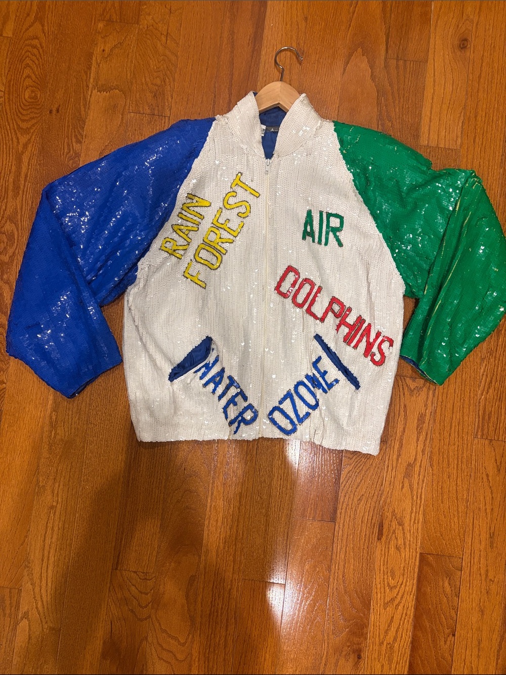Vintage Sequin Environmental Theme Bomber Jacket in White, Blue & Green
